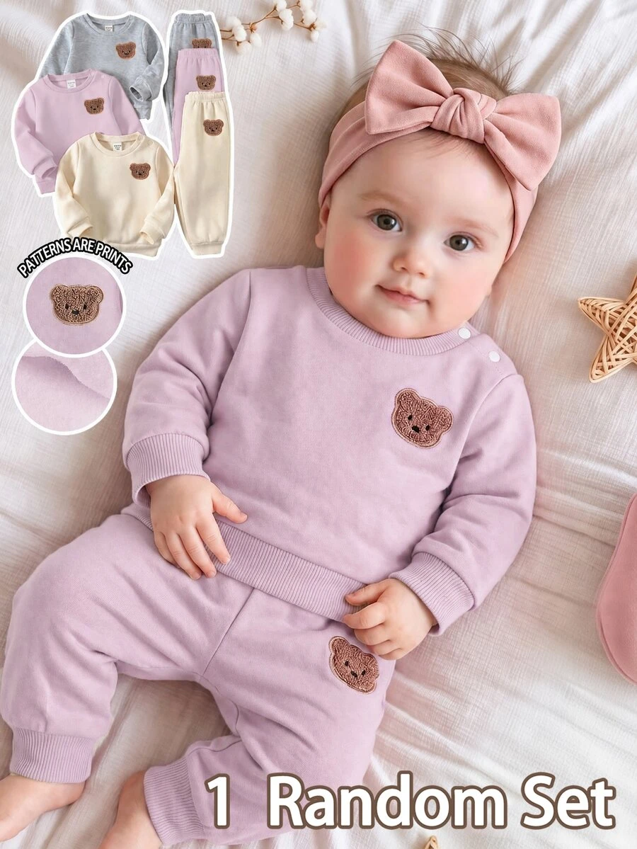 Newborn Baby Girl 1 Random Set Cute  Little Bear Imitation Embroidery Effect Printed  Sweatshirt Long Pants Set Soft Fabric In Fall And Winter