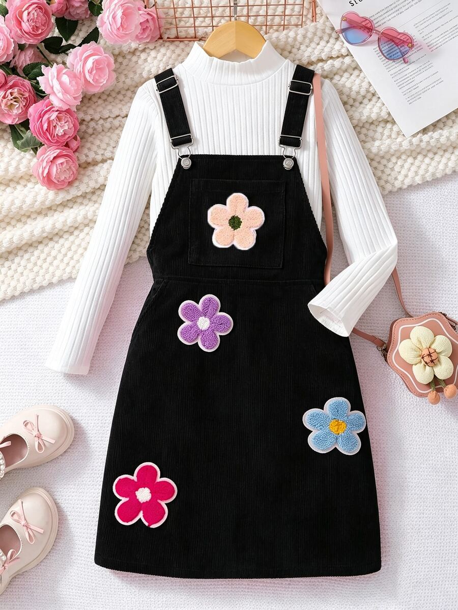 SHEIN Tween Girl Floral Print Casual Versatile Summer Dress - Black and White - View 1