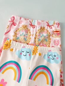 SHEIN 2套隨機長袖長褲修身女嬰睡衣，淺粉色彩虹卡通自然花卉鏡面蝴蝶結印花，秋季親子套裝 - 粉色 - 查看 4