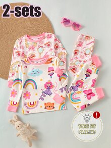 SHEIN 2套隨機長袖長褲修身女嬰睡衣，淺粉色彩虹卡通自然花卉鏡面蝴蝶結印花，秋季親子套裝 - 粉色 - 查看 3