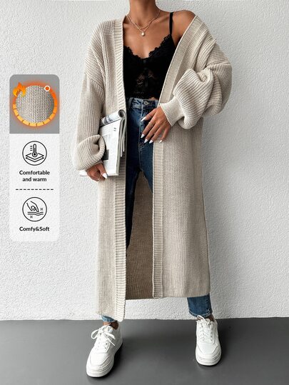 EURMUSE Plus Size Women Solid Color Casual Drop Shoulder Open Front Longline Cardigan