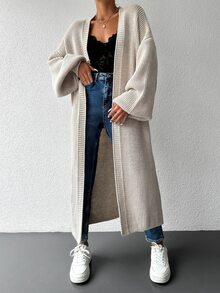 EURMUSE Plus Size Women Solid Color Casual Drop Shoulder Open Front Longline Cardigan - لون مشمشي - مشاهدة 4
