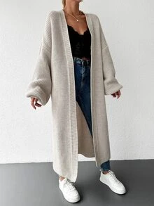 EURMUSE Plus Size Women Solid Color Casual Drop Shoulder Open Front Longline Cardigan - لون مشمشي - مشاهدة 5