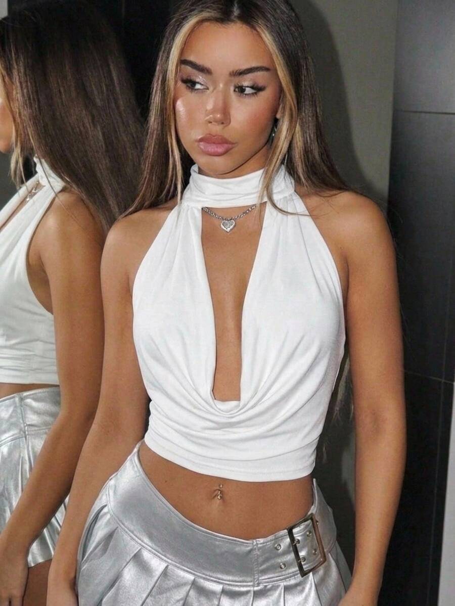 SHEIN ICON Sexy Solid Color Draped Neck Backless Top - White - View 1