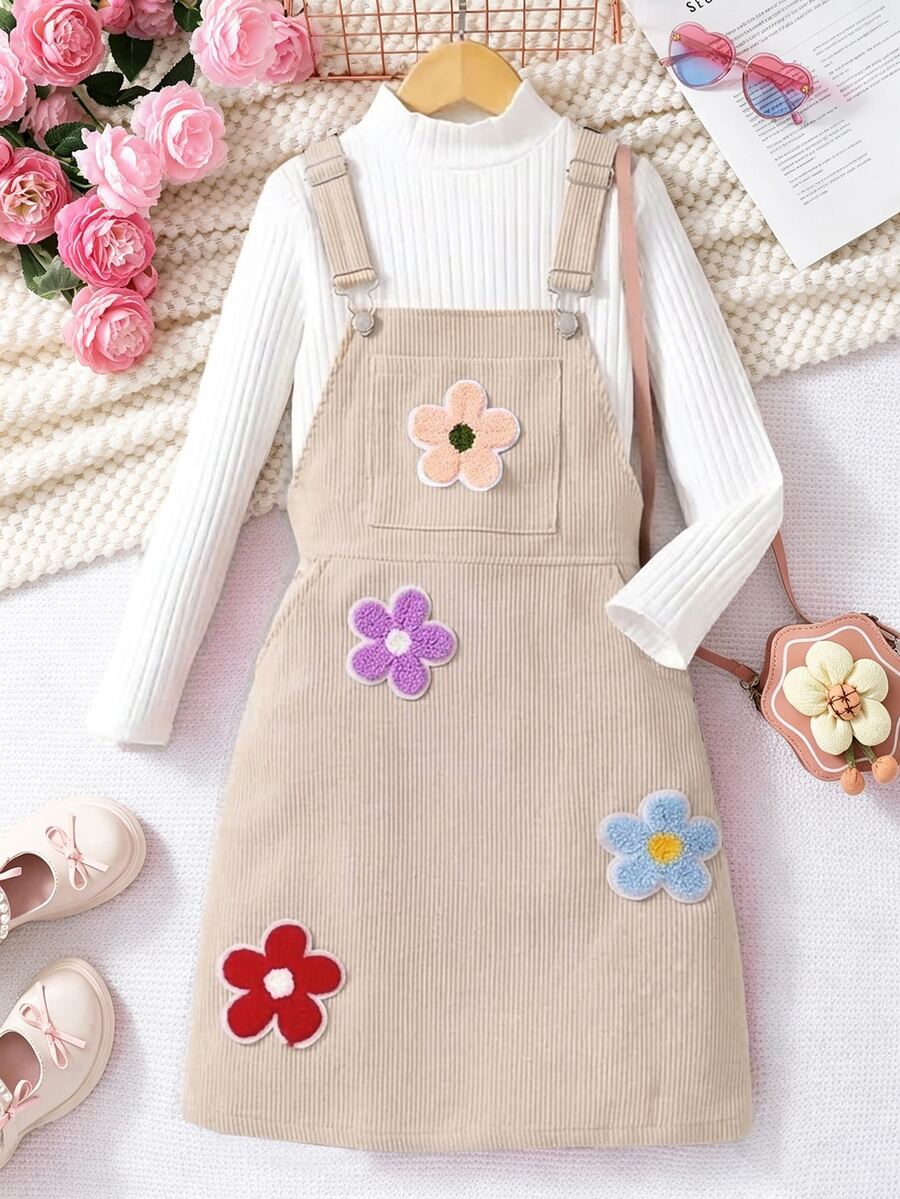 SHEIN Sparklyn 少女花卉拼接設計口袋吊帶洋裝 - 彩色 - 查看 1