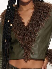 Gowayae Gowayae Women's Fashion Brown Faux Fur Patchwork Collar & Cuff Coat - Brown - View 6