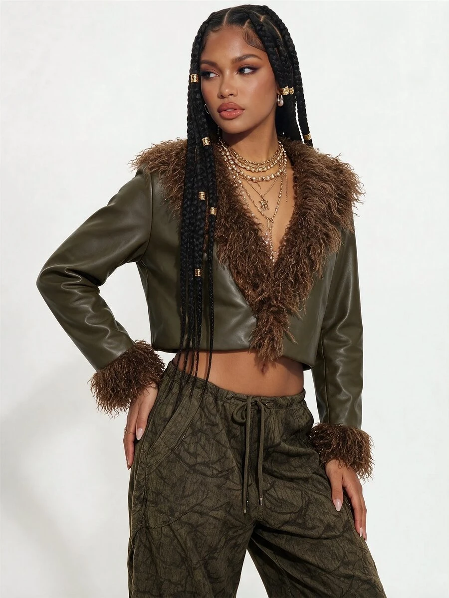 Gowayae Gowayae Women's Fashion Brown Faux Fur Patchwork Collar & Cuff Coat - Brown - View 1