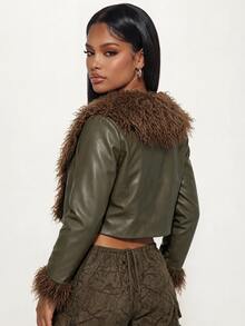 Gowayae Gowayae Women's Fashion Brown Faux Fur Patchwork Collar & Cuff Coat - Brown - View 2