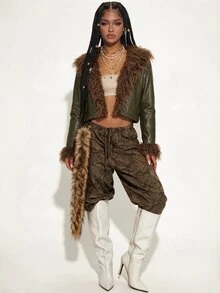 Gowayae Gowayae Women's Fashion Brown Faux Fur Patchwork Collar & Cuff Coat - Brown - View 3
