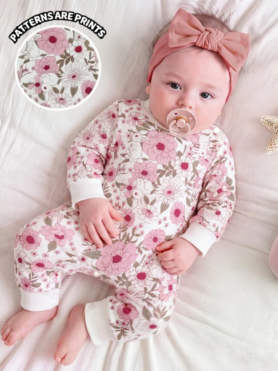 Newborn Baby Girl Romper Blind Box 1 Random Piece Cute Sweet Floral Rabbit Print Round Neck Long Sleeve Romper Soft Fabric Suitable For Outings Autumn/Winter - Multicolor - View 1