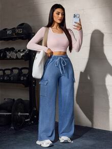 Flexra Fall Casual High Waist Wide Leg Drawstring Cargo Blue Denim Gym Going Out Washed Jeans For Women - Light Wash - View 6