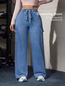 Flexra Fall Casual High Waist Wide Leg Drawstring Cargo Blue Denim Gym Going Out Washed Jeans For Women - Light Wash - View 3