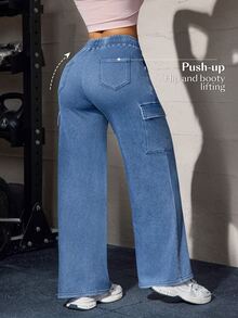Flexra Fall Casual High Waist Wide Leg Drawstring Cargo Blue Denim Gym Going Out Washed Jeans For Women - Light Wash - View 10