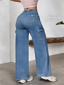 Flexra Fall Casual High Waist Wide Leg Drawstring Cargo Blue Denim Gym Going Out Washed Jeans For Women - Light Wash - View 2