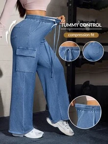 Flexra Fall Casual High Waist Wide Leg Drawstring Cargo Blue Denim Gym Going Out Washed Jeans For Women - Light Wash - View 9