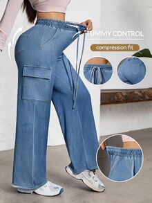 Flexra Fall Casual High Waist Wide Leg Drawstring Cargo Blue Denim Gym Going Out Washed Jeans For Women - Light Wash - View 1