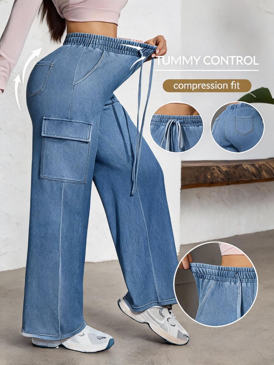 Flexra Fall Casual High Waist Wide Leg Drawstring Cargo Blue Denim Gym Going Out Washed Jeans For Women - Light Wash - View 1