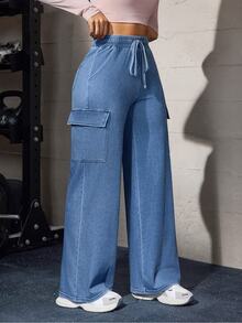 Flexra Fall Casual High Waist Wide Leg Drawstring Cargo Blue Denim Gym Going Out Washed Jeans For Women - Light Wash - View 5
