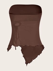 SHEIN ICON Solid Drawstring Asymmetrical Hem Coffee Mesh Tube Top - Coffee Brown - View 2