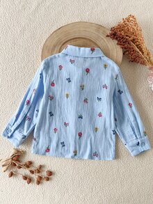 SHEIN 女童仿刺繡印花清新輕盈設計襯衫，領口長袖寬鬆休閒襯衫，花卉圖案 - 彩色 - 查看 3