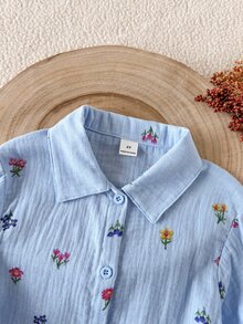 SHEIN 女童仿刺繡印花清新輕盈設計襯衫，領口長袖寬鬆休閒襯衫，花卉圖案 - 彩色 - 查看 4