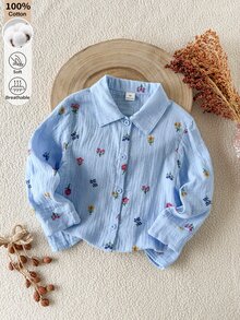 SHEIN 女童仿刺繡印花清新輕盈設計襯衫，領口長袖寬鬆休閒襯衫，花卉圖案 - 彩色 - 查看 2