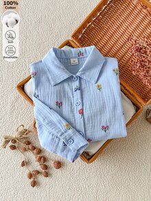 SHEIN 女童仿刺繡印花清新輕盈設計襯衫，領口長袖寬鬆休閒襯衫，花卉圖案 - 彩色 - 查看 7