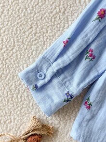 SHEIN 女童仿刺繡印花清新輕盈設計襯衫，領口長袖寬鬆休閒襯衫，花卉圖案 - 彩色 - 查看 5