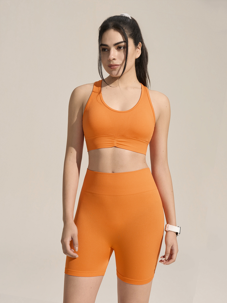 Exploreva Exploreva Women's Seamless Orange Summer Athletic Yoga Sports Set,Shockproof Supportive Bra&High-Waist Peach Hip High-Elastic Training Cycling Shorts Trail Ride - Orange - View 3