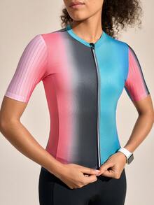 SHEIN Sports Pink-Black-Green Gradient Zipper Front Short Sleeve Cycling Jersey - Multicolor - View 6