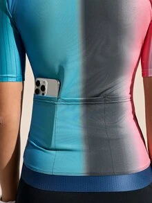 SHEIN Sports Pink-Black-Green Gradient Zipper Front Short Sleeve Cycling Jersey - Multicolor - View 3