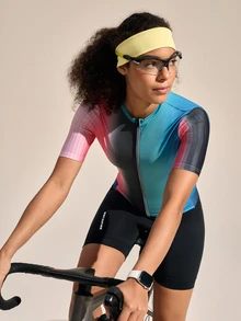 SHEIN Sports Pink-Black-Green Gradient Zipper Front Short Sleeve Cycling Jersey - Multicolor - View 2