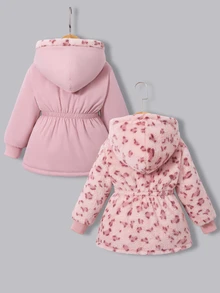 SHEIN Elladie kids 1件女童冬季新款粉色花卉保暖內裡拉鍊開襟連帽外套，彈性腰部，加厚保暖休閒通勤百搭簡約時尚防寒夾克 - 粉色 - 查看 2