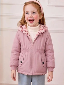 SHEIN Elladie kids 1件女童冬季新款粉色花卉保暖內裡拉鍊開襟連帽外套，彈性腰部，加厚保暖休閒通勤百搭簡約時尚防寒夾克 - 粉色 - 查看 3