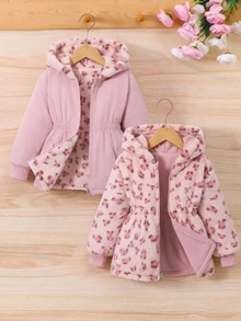 SHEIN Elladie kids 1件女童冬季新款粉色花卉保暖內裡拉鍊開襟連帽外套，彈性腰部，加厚保暖休閒通勤百搭簡約時尚防寒夾克 - 粉色 - 查看 4
