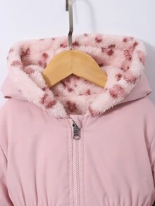 SHEIN Elladie kids 1件女童冬季新款粉色花卉保暖內裡拉鍊開襟連帽外套，彈性腰部，加厚保暖休閒通勤百搭簡約時尚防寒夾克 - 粉色 - 查看 5