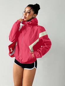 Exploreva Exploreva Contrast Color Zipper Hooded Loose Casual Sports Jacket - Pink - View 6