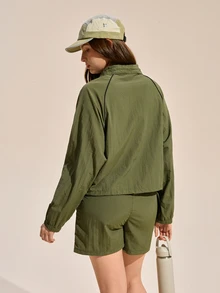 Exploreva Exploreva Women's Fashion Versatile Zipper Drawstring Long Sleeve Jacket And Casual Shorts Sports Suit - Olive Green - View 7