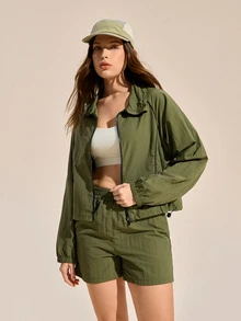 Exploreva Exploreva Women's Fashion Versatile Zipper Drawstring Long Sleeve Jacket And Casual Shorts Sports Suit - Olive Green - View 2