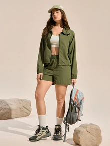 Exploreva Exploreva Women's Fashion Versatile Zipper Drawstring Long Sleeve Jacket And Casual Shorts Sports Suit - Olive Green - View 8