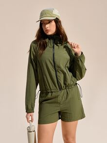 Exploreva Exploreva Women's Fashion Versatile Zipper Drawstring Long Sleeve Jacket And Casual Shorts Sports Suit - Olive Green - View 3