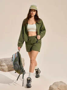 Exploreva Exploreva Women's Fashion Versatile Zipper Drawstring Long Sleeve Jacket And Casual Shorts Sports Suit - Olive Green - View 5