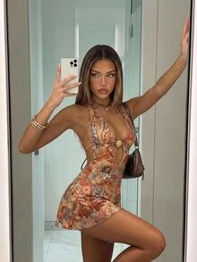 SHEIN ICON Women Halterneck Summer Going Out Hawaii Boho Beach Party Backless Paisley Print Western Mini Dresses - Multicolor - View 6