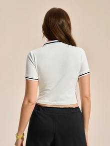 Exploreva Exploreva Women's Striped Short Sleeve Casual Sports Polo Shirt - White - View 7