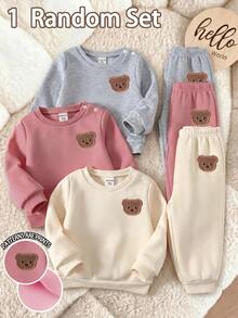 SHEIN Vintaside Kids Newborn Baby Girl 1 Random Set Cute Little Bear Imitation Embroidery Effect Printed Sweatshirt Long Pants Set Soft Fabric In Fall And Winter - Multicolor - View 7