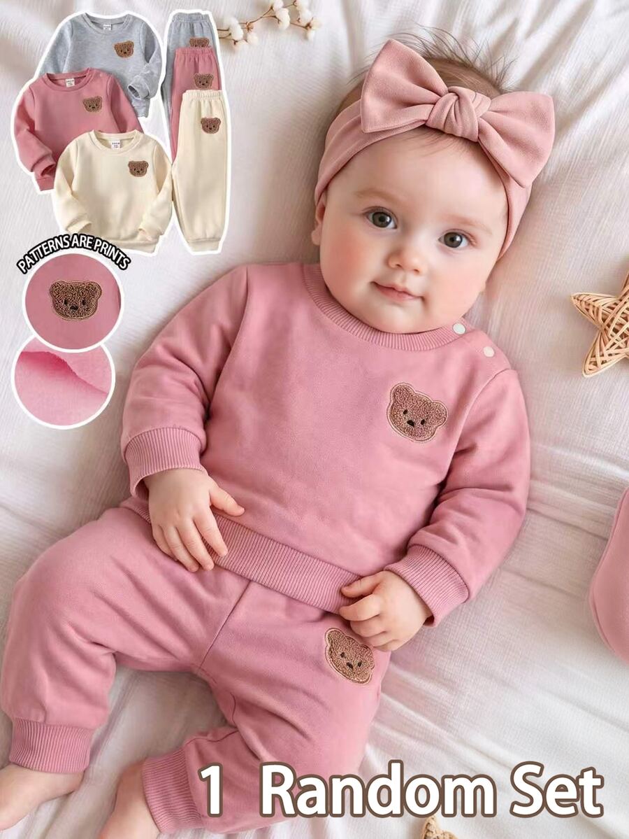 SHEIN Vintaside Kids Newborn Baby Girl 1 Random Set Cute Little Bear Imitation Embroidery Effect Printed Sweatshirt Long Pants Set Soft Fabric In Fall And Winter - Multicolor - View 1