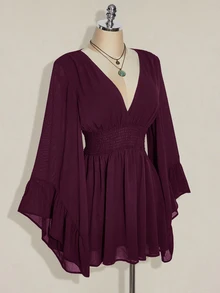 SHEIN ICON 女士纯色深褶皱收腰喇叭袖时尚迷你连衣裙 - 紫色 - 查看 3