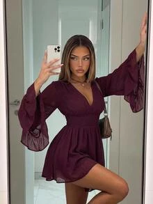 SHEIN ICON 女士纯色深褶皱收腰喇叭袖时尚迷你连衣裙 - 紫色 - 查看 8