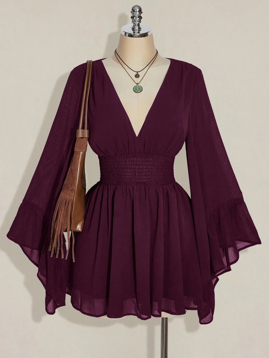 SHEIN ICON 女士纯色深褶皱收腰喇叭袖时尚迷你连衣裙 - 紫色 - 查看 1
