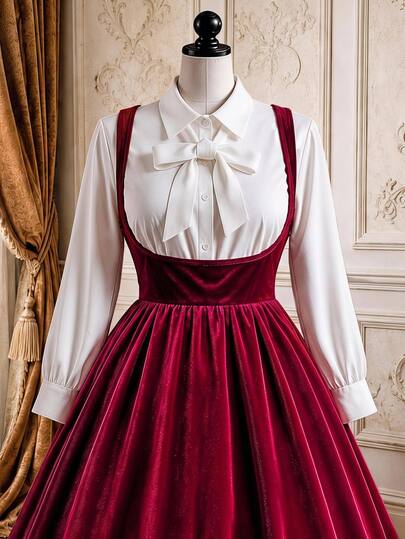 Rometta Plus Size Women's 2 Pieces Set: Lapel Lantern Long Sleeve Blouse With Bow Decor + Shoulder Strap Cinched Waist Flattering Umbrella Hem Dress